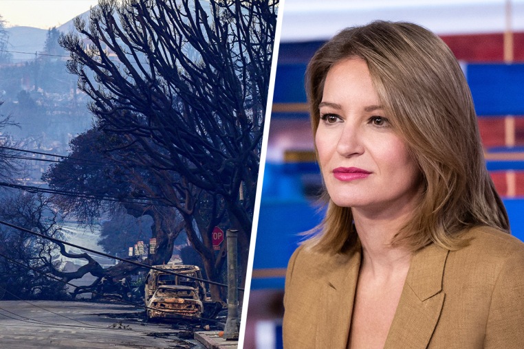 A split composite of a wildfire scene and Katy Tur.