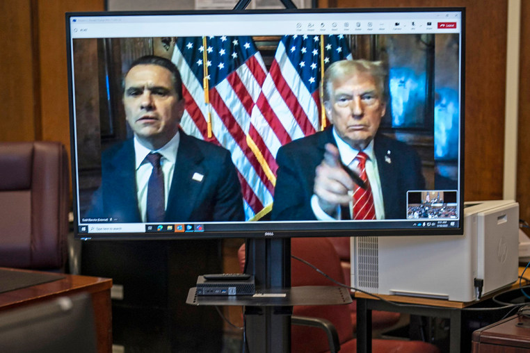 President-elect Donald Trump appears remotely for a sentencing hearing with his attorney Todd Blanche at Manhattan Criminal Court on January 10, 2025 in New York City. 