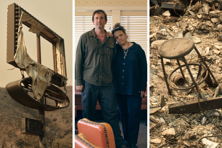 A melted businesses sign; Paul and Monique inside a restaurant; a charred and bent barstool sits in rubble