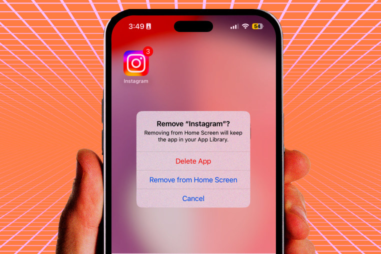 Photo Illustration: An iPhone screen with a notification that reads "Remove Instagram?"