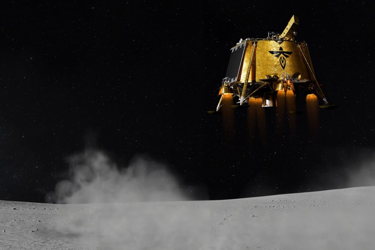 An artist's rendering of the Blue Ghost Mission 1 lander descending to the moon's surface.