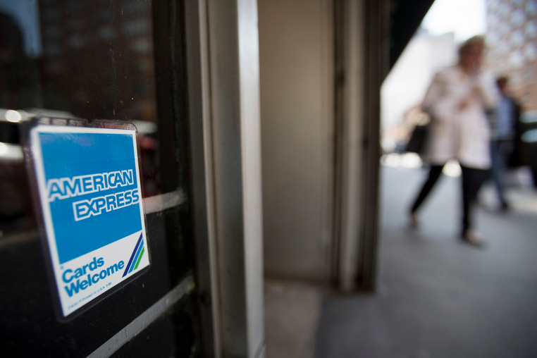 The American Express logo in a shop window in New York.