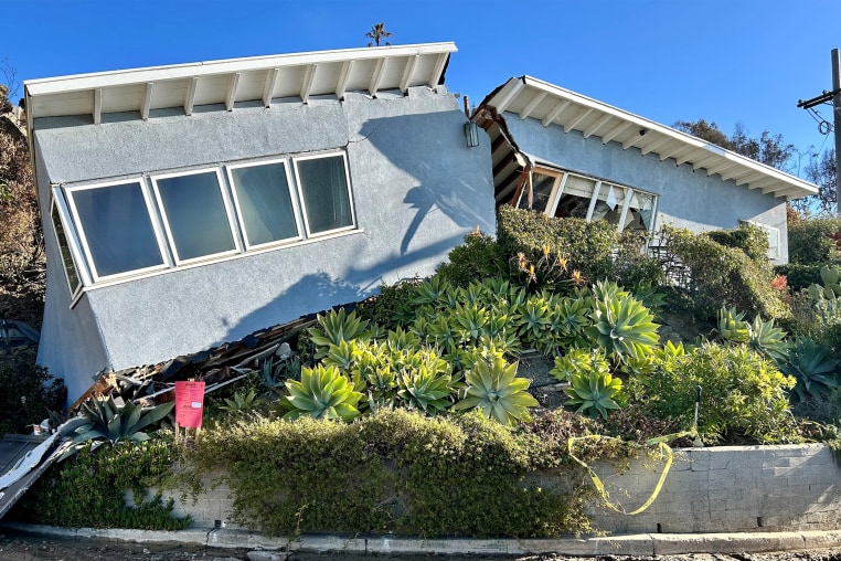 landslide damaged home house post wildfire Pacific Palisades