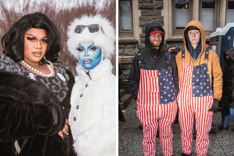 Left: two, Black, queer, trans drag artists. Right: two white men in American flag overalls.