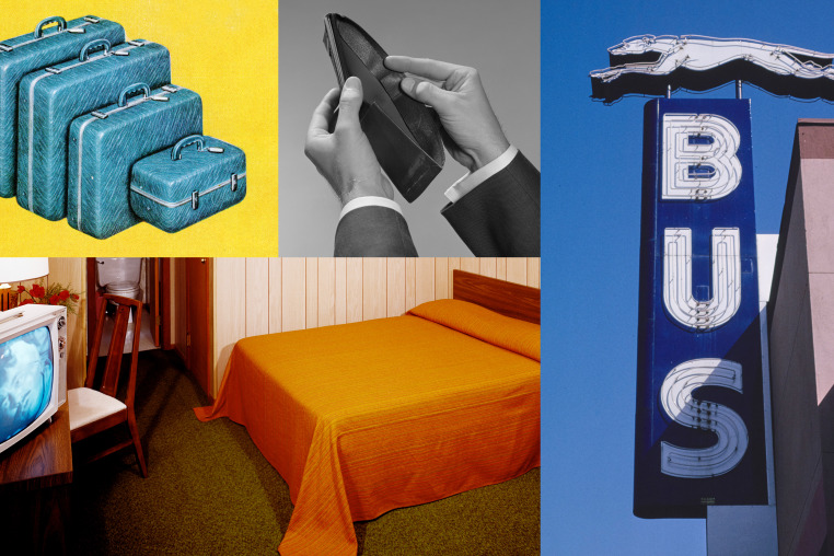 Photo Illustrations: Vintage images of suitcases, an empty wallet, a Greyhound bus station sign, and a motel with an orange bedspread