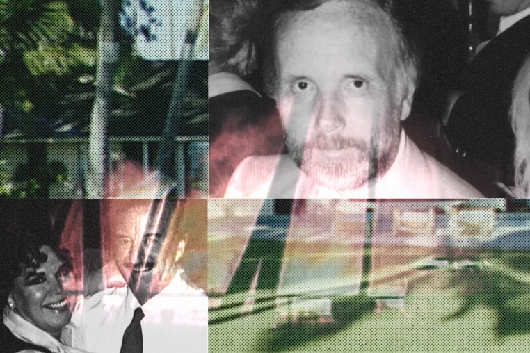 Canvas divided into four quarters. In the top left and bottom right is a grainy image of a home in a tropical location. In the top right, a photo of Elmer Holmgren; in the bottom left, a photo of Sante Kimes and Kennet Kimes Senior. Superimposed across the canvas is the image of a home burning down.