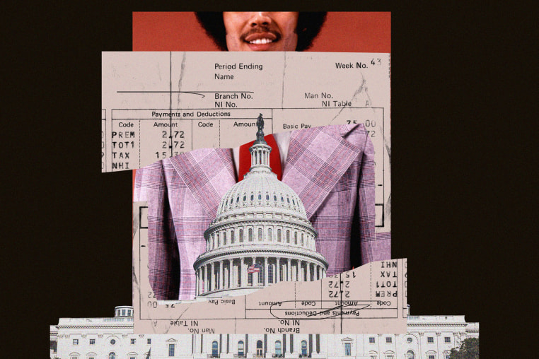 Photo collage of Black man in suit and tie alongside imagery of the Capitol and and old paystub