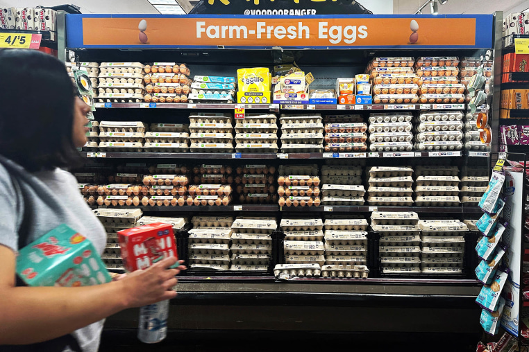 A shopper walks past an egg display on Feb. 10, 2025 in Monterey Park, California.