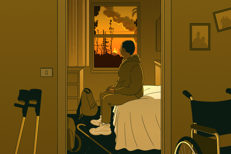 Illustration of a woman sitting on a bed while a wildfire rages outside; near her is a cane, crutches and a wheelchair, along with a "go" backpack.