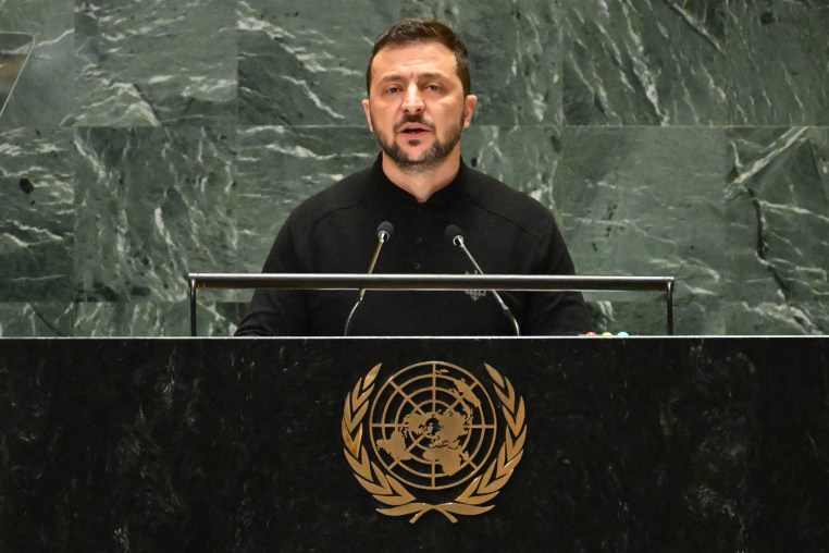 Ukraine's President Volodymyr Zelensky addresses the United Nations General Assembly on Sept. 25, 2024. 