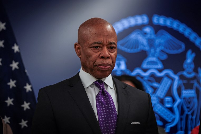 New York City Mayor Eric Adams attends a press conference at the 40th precinct, in the Bronx borough of New York City