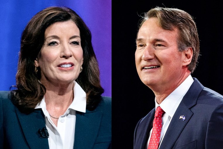 A split composite image of Kathy Hochul, left, and Glenn Youngkin