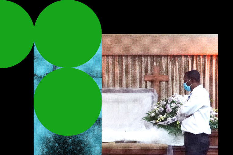 Photo Illustration: A man attending a funeral for a coworker who died of COVID