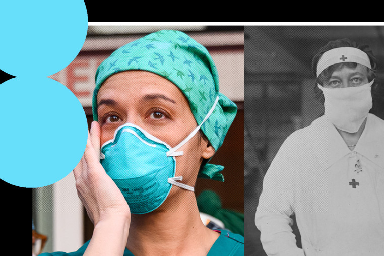 Photo Illustration: Two nurses, who worked during COVID and one who worked during the Great Influenza