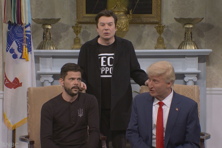 Image: Mikey Day as Ukrainian President Volodymyr Zelenskyy, left, Mike Myers as Elon Musk and James Austin Johnson as President Donald Trump on "Saturday Night Live."