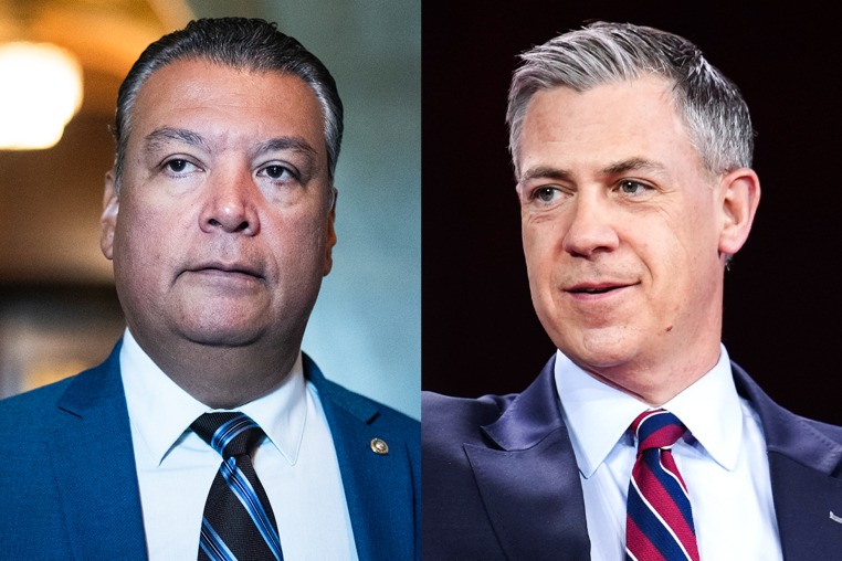 A side by side split composite image of Alex Padilla, left, and Jim Banks