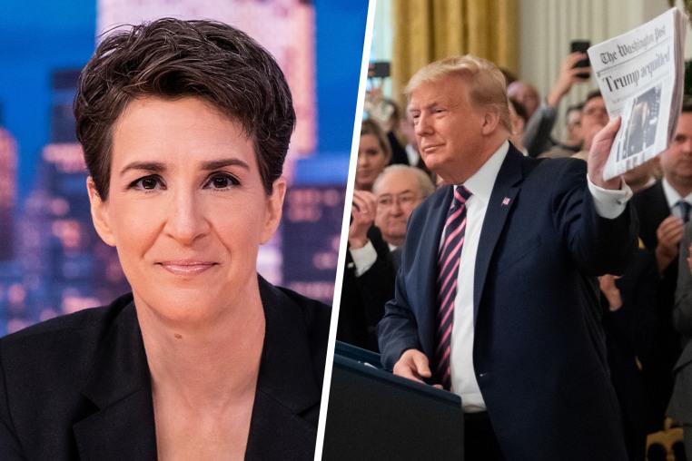 Rachel Maddow and Donald Trump.