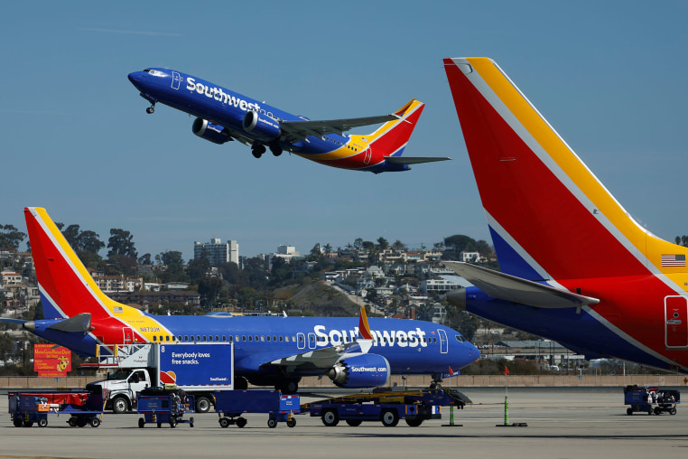 A Southwest Airlines plane takes off at San Diego International Airport.