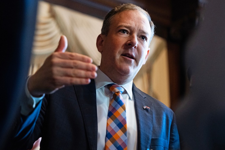 Lee Zeldin, administrator of the Environmental Protection Agency, talks with reporters after a water policy rule signing ceremony to allow "West Virginia the independence it needs to permit and regulate itself," at the EPA on  Feb. 18, 2025. 