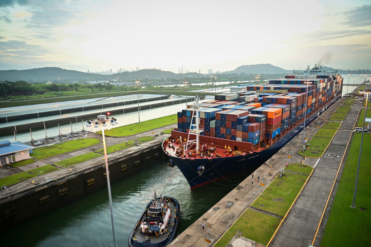 A cargo ship transits through the Panama Canal on Feb. 21, 2025.        