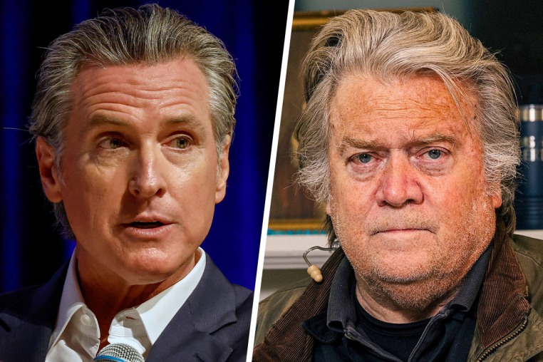 A split composite of Gavin Newsom and Steve Bannon.