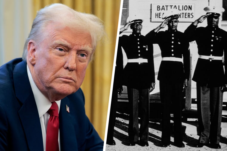 A side by side composite image of Donald Trump, left, and marines