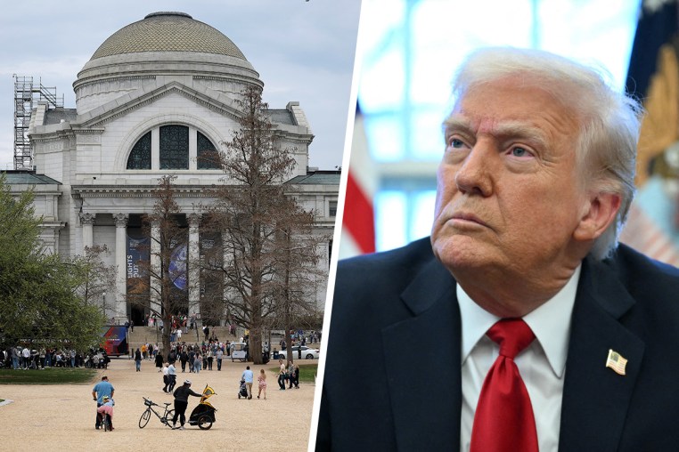 A split composite of the Smithsonian museum and Donald Trump.