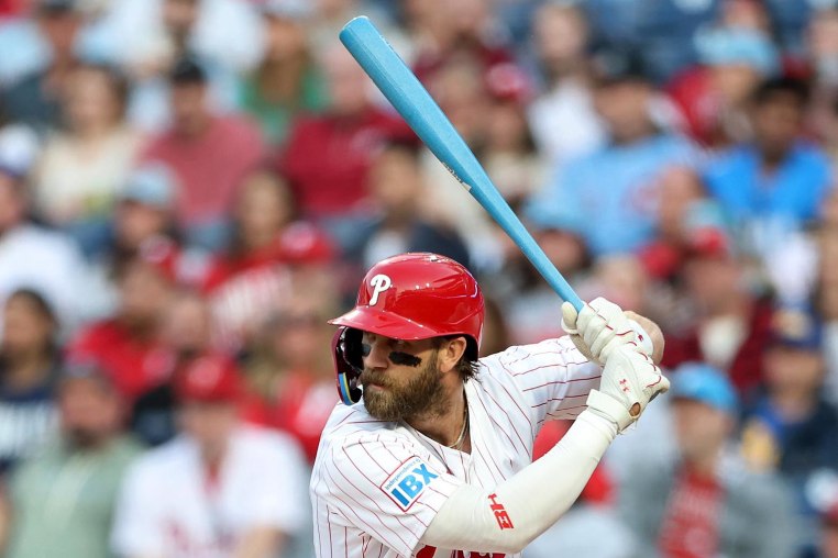 Bryce Harper of the Philadelphia Phillies uses a blue bat against the San Francisco Giants on April 14, 2025.