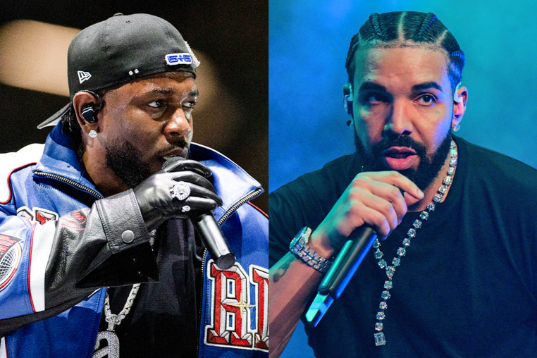 A split composite image of Kendrick Lamar, left, and Drake.