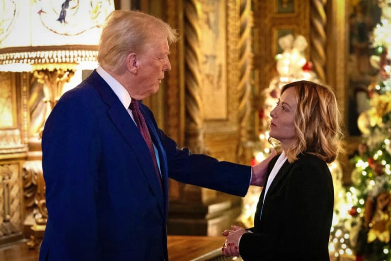 Italy's Prime Minister Giorgia Meloni talks with President-elect Donald Trump at his Mar-A-Lago Club on Jan. 4, 2025 in Palm Beach, Fla.