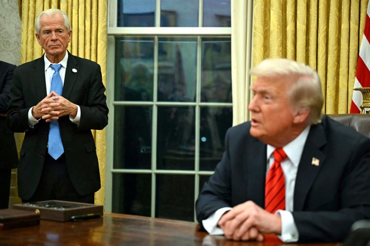 Peter Navarro looks on after President Donald Trump signed an executive order in the Oval Office  on Feb. 10, 2025.