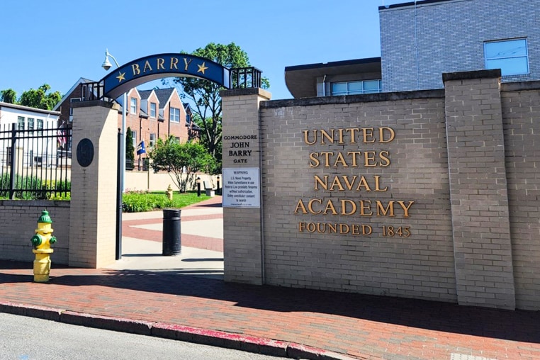 The John Barry Gate at the United States Naval Academy campus, outside on a sunny day