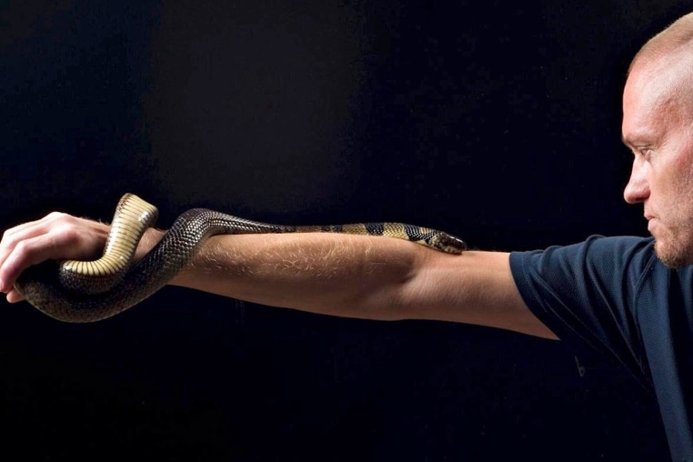 Tim Friede with a water cobra wrapped around his arm. 