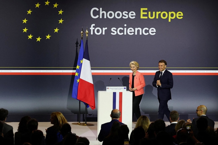 French President Emmanuel Macron and European Commission President Ursula Von der Leyen arrive at the "Choose Europe for Science" conference 