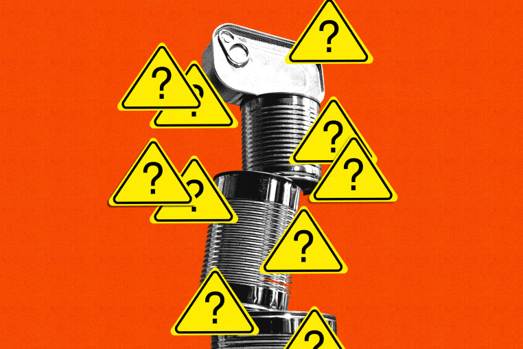 Photo illustration of unlabelled food cans covered with warning labels with question marks 
