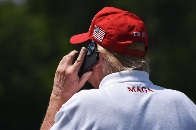 Former US President Donald Trump watches Round 2 of LIV Golf Washington DC 2023