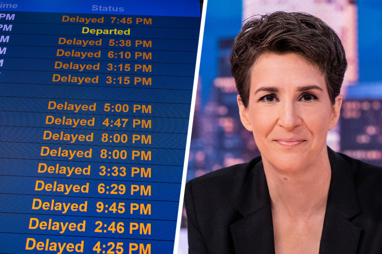 A split composite of a flight status screen and Rachel Maddow.
