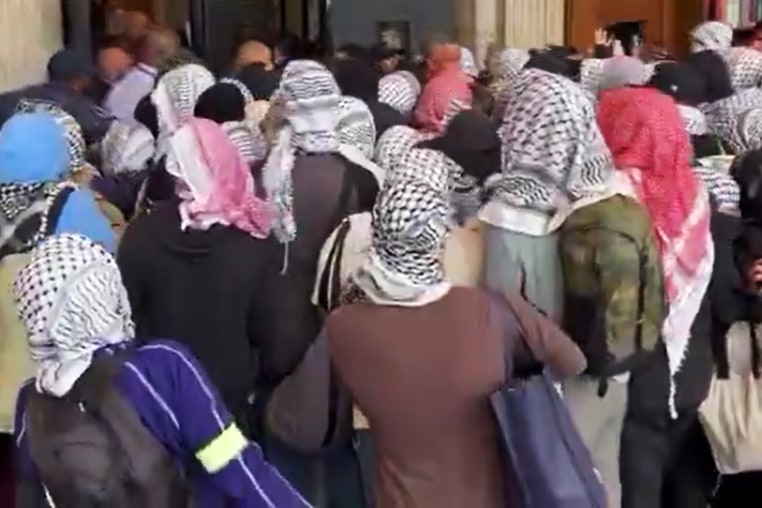 Protestors at Butler Library at Columbia University in New York on May 7, 2025.