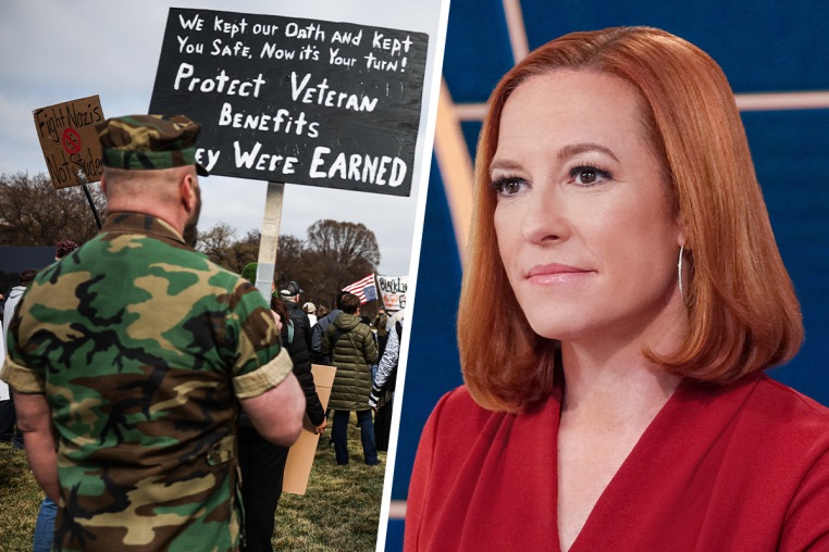A split composite image of James Parker at a veterans' march holding a sign that reads "We kept our oath and kept you safe, now it's your turn! Protect veteran benefits, they were earned", left, and Jen Psaki.