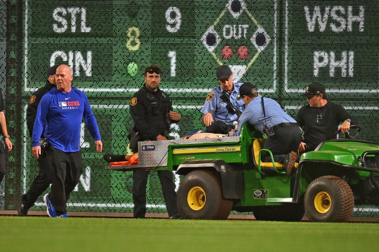 Kavan Markwood is carted off the field after falling from the stands during a Pittsburgh Pirates game at PNC Park on April 30, 2025 in Pittsburgh.