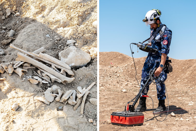 A member of the Qatari search and rescue searches for human remains in Dabiq, northern Syria on May 9, 2025.