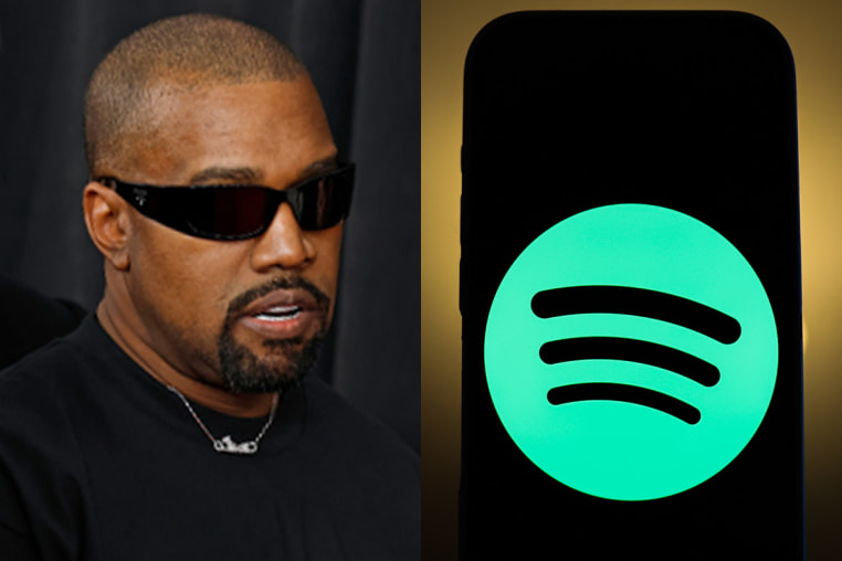 A side by side of Ye and Spotify logo on a cellphone.