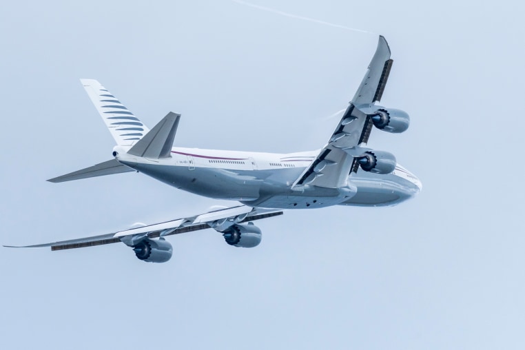 A plane flies in the sky