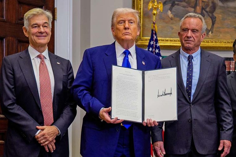 From left, National Institutes of Health Director Jay Bhattacharya, Administrator for the Centers for Medicare & Medicaid Services Mehmet Oz, President Donald Trump, Health and Human Services Secretary Robert F. Kennedy Jr., and Food and Drug Administration Commissioner Martin Makary after Trump signed an executive order aimed at reducing the cost of prescription drugs and pharmaceuticals at the White House on May 12, 2025.