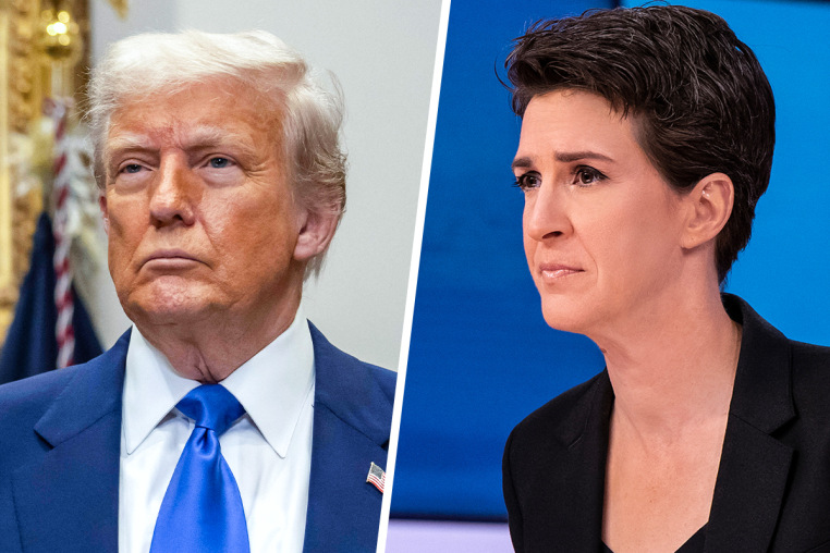 A split composite image of President Donald Trump, left, and  Rachel Maddow.