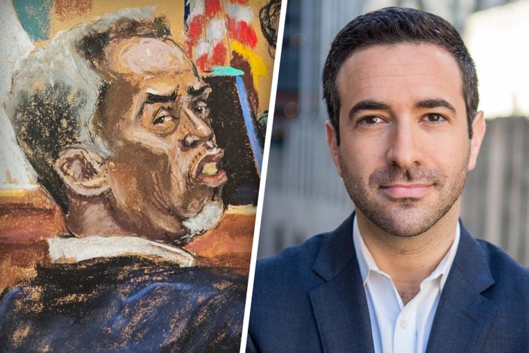 Sean Combs in a courtoom sketch; MSNBC's Ari Melber.