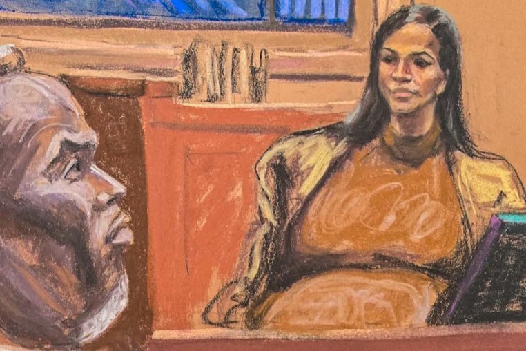 Sean "Diddy" Combs watches as his former girlfriend Casandra "Cassie" Ventura testifies at his sex trafficking trial in New York City, on May 13, 2025.