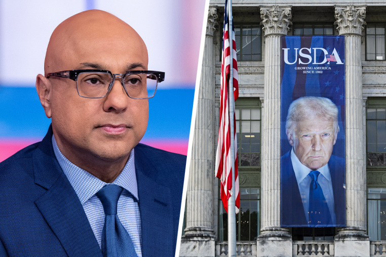 Ali Velshi; a banner showing an image of President Donald Trump hangs on the side of a U.S. Department of Agriculture building.