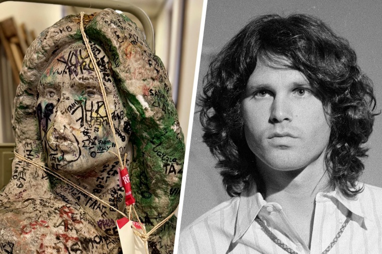 LEFT: The long-lost bust of American singer Jim Morrison that once adorned the grave of the iconic frontman of The Doors, recovered by chance by French police 37 years after it was stolen from a Paris cemetery. Photograph released on May 19, 2025. RIGHT: Jim Morrison of The Doors on THE SMOTHERS BROTHERS COMEDY HOUR. Image dated January 6, 1969.