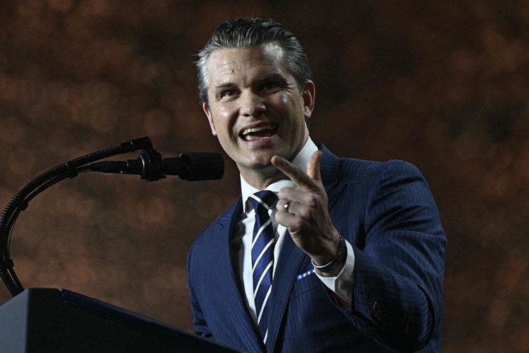 Secretary of Defense Pete Hegseth addresses troops at the Al-Udeid air base in Qatar on May 15, 2025.